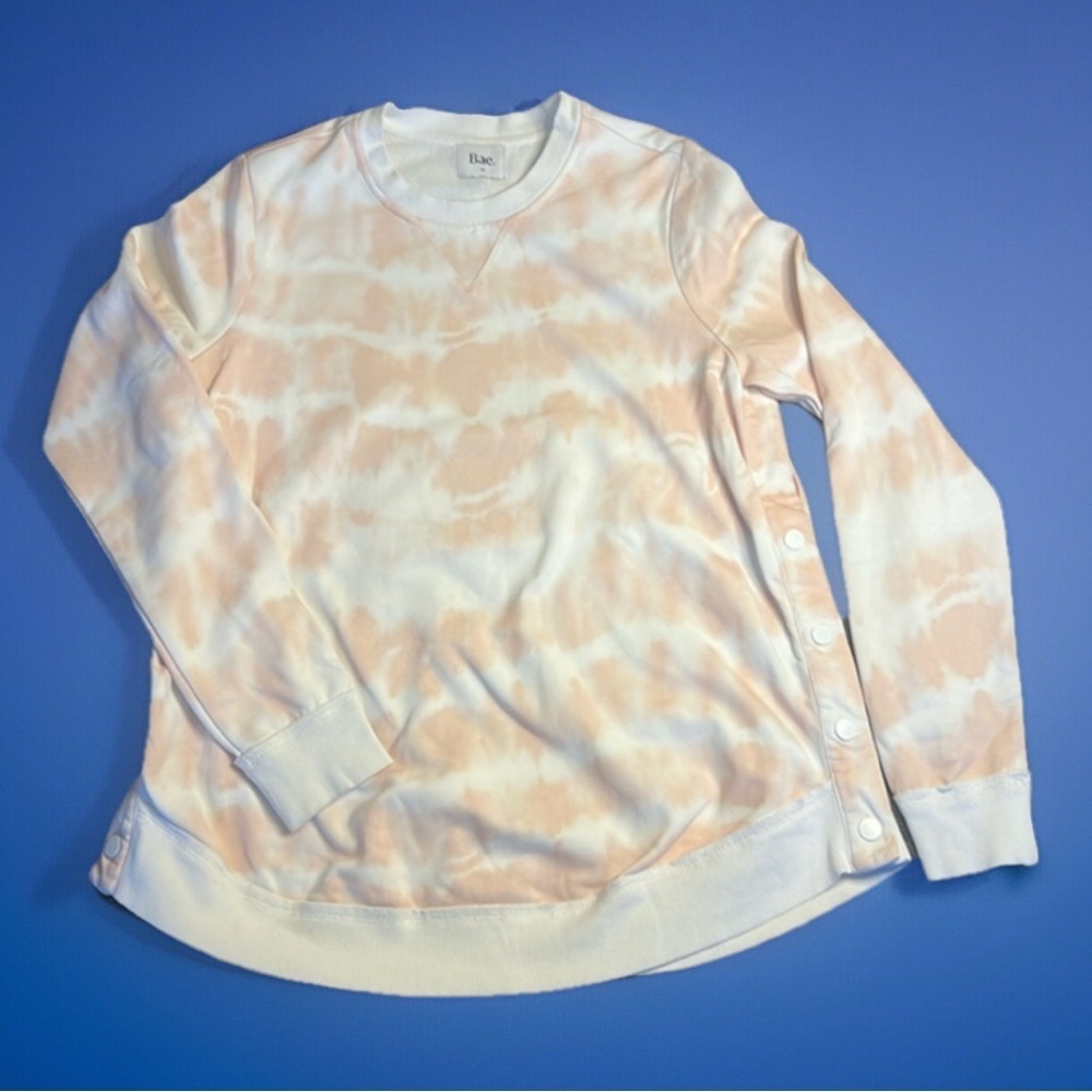 Bae. Maternity Tie Dye Soft Tone Sweater with Button Snaps at sides.